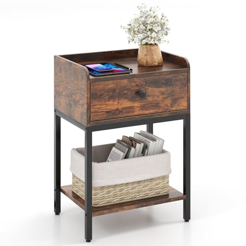 COSTWAY Nachttisch mit Schublade, Beistelltisch mit offener Ablage, Sofatisch mit verstellbaren Fußpolstern, Nachtschrank Boxspringbett für Schlafzimmer, Wohnzimmer, rustikales Braun, 42 x 30 x 60 cm von COSTWAY