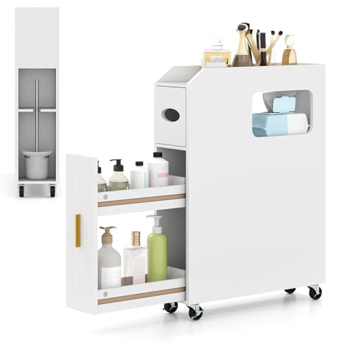 COSTWAY Nischenschrank Badezimmer, mit Schublade auf Rollen, Badezimmerschrank klein mit Taschentuchbox & Bürstenhalter, Badschrank Holz, Seitenschrank Mehrzweckschrank für kleine Räume (Weiß) von COSTWAY