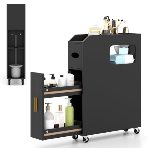 COSTWAY Nischenschrank Badezimmer, mit Schublade auf Rollen, Badezimmerschrank klein mit Taschentuchbox & Bürstenhalter, Badschrank Holz, Seitenschrank Mehrzweckschrank für kleine Räume (Schwarz) COSTWAY Nischenschrank Badezimmer, mit Schublade auf Rollen, Badezimmerschrank klein mit Taschentuchbox & Bürstenhalter, Badschrank Holz, Seitenschrank Mehrzweckschrank für kleine Räume (Schwarz) von COSTWAY