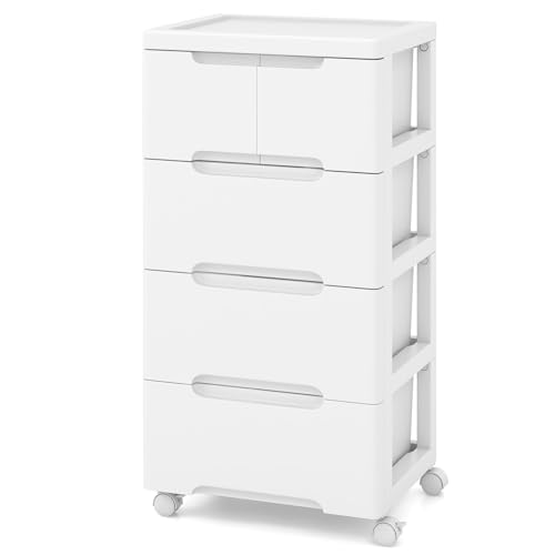 COSTWAY Nischenschrank vertikal Aufbewahrungsschrank, Kommode mit Schubladen, universellen & arretierbaren Rollen, Badrollwagen für Wohnzimmer Büro Salon, Weiß (5 Schubladen) von COSTWAY
