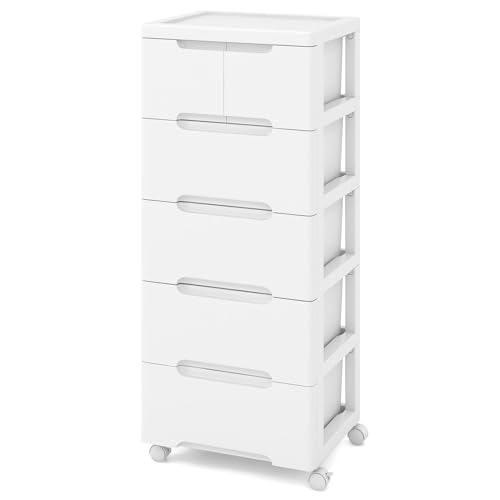 COSTWAY Nischenschrank vertikal Aufbewahrungsschrank, Kommode mit Schubladen, universellen & arretierbaren Rollen, Badrollwagen für Wohnzimmer Büro Salon, Weiß (6 Schubladen) von COSTWAY