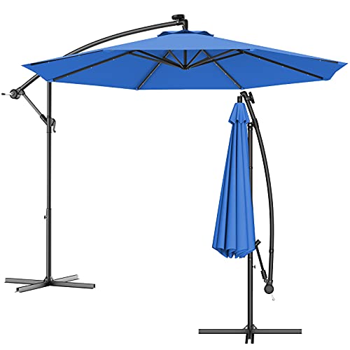 COSTWAY Ø300cm LED Ampelschirm Sonnenschirm, Gartenschirm mit Solarlichtern, Terrassenschirm neigbar, Strandschirm für Garten, Terrasse, Pool oder Veranda (Blau) von COSTWAY