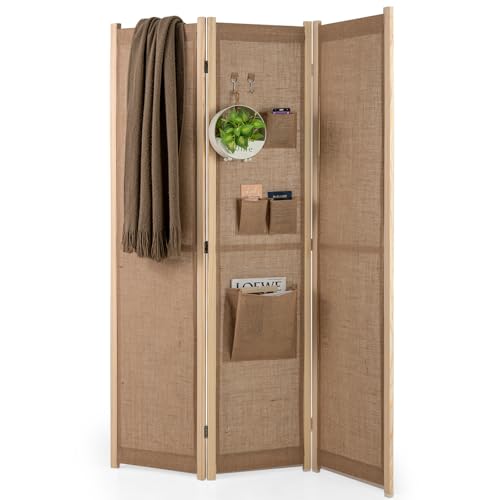 COSTWAY Paravent 170 x 121cm, Raumteiler mit 2 Haken, 1 große & 3 kleine Aufbewahrungstaschen, 3 teilige Trennwand klappbar, Leinen Optik, Holzrahmen, Sichtschutz für innen COSTWAY Paravent 170 x 121cm, Raumteiler mit 2 Haken, 1 große & 3 kleine Aufbewahrungstaschen, 3 teilige Trennwand klappbar, Leinen Optik, Holzrahmen, Sichtschutz für innen von COSTWAY