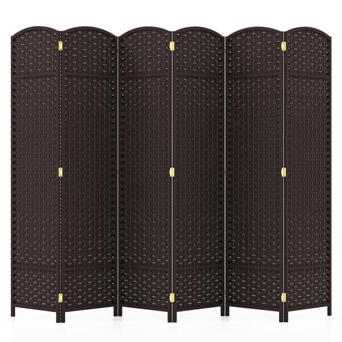 COSTWAY Paravent 240 x 170 cm, Trennwand Raumteiler mit handgewebter Textur & massivem Holzrahmen, Room Divider klappbar, Sichtschutz für Wohnzimmer, Schlafzimmer, Balkon (Braun) von COSTWAY