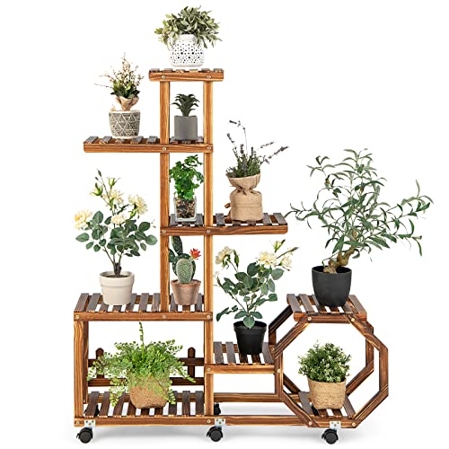 COSTWAY Pflanzenregal Blumenregal, Blumenständer auf Rollen, Garten Blumentreppe Holz, Pflanzentreppe mehrstöckig, Holzregal Pflanzenständer, für Balkon Garten Terrasse (107x29x126 cm) von COSTWAY