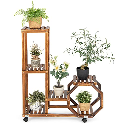 COSTWAY Pflanzenregal Blumenregal, Blumenständer auf Rollen, Garten Blumentreppe Holz, Pflanzentreppe mehrstöckig, Holzregal Pflanzenständer, für Balkon Garten Terrasse (87,5x29x102,5cm) von COSTWAY