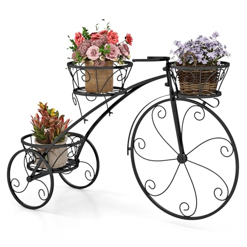 COSTWAY Pflanzenständer Metall, Fahrrad-Design, Blumenregal mit 3 Körben, Blumenständer mit dekorativen Rädern, Blumenrad Pflanzenregal Retro, für Terrasse, Garten, Balkon, Hof (Schwarz) von COSTWAY