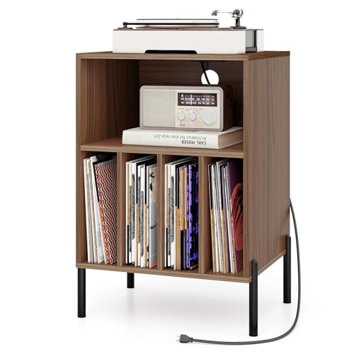 COSTWAY Plattenspieler-Ständer mit Ladestation, Vinylplatten Plattenspielertisch mit Regal & 4 Trennwänden & Metallbeinen, Schallplattenständer Beistelltisch, Wohnzimmer Büro, 53x45x78,5cm (Braun) von COSTWAY