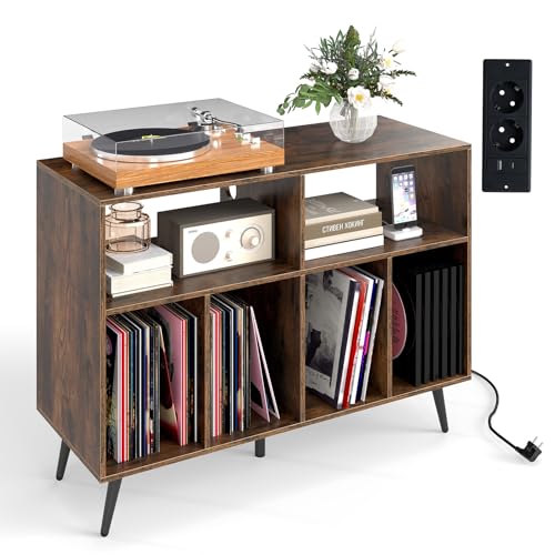 COSTWAY Plattenspielerständer mit Ladestation, Plattenspielerschank mit Vinyl-Aufbewahrungsregalen, Plattenaufbewahrungstisch inkl. 5 Metallbeinen, Sideboard für Wohnzimmer, Musikzimmer (Braun) von COSTWAY