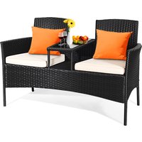 COSTWAY Polyrattan Gartenbank, 2-Sitzer Gartenmöbel Set mit Tisch & Kissen, Weiß von COSTWAY