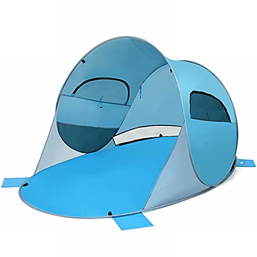 COSTWAY Pop Up Strandmuschel 3-4 Personen Strandzelt Sonnenschutz Wurfzelt mit Tragetasche & 2 Netz-Fenstern & 4 Sandtaschen automatisch für Strand, Garten, Camping (Blau) von COSTWAY