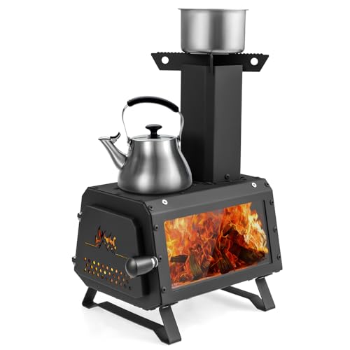 COSTWAY Raketenofen Outdoor | 2 Kochflächen mit Sichtscheibe und Aschepfanne | Zeltofen für Garten & Camping | Kanonenofen Campingofen Holzofen von COSTWAY