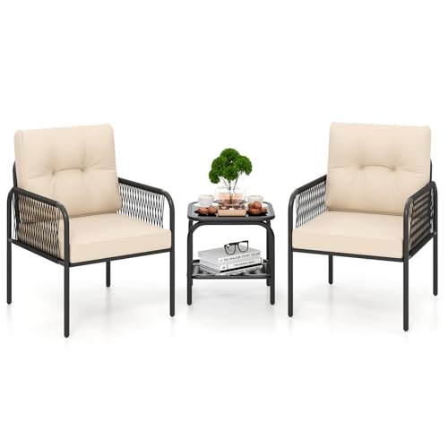 COSTWAY Rattan Gartenmöbel Set, 3tlg. Balkonmöbel mit 2 Stühle & Tisch & Kissen, Balkonset Terrassenmöbel für Garten, Balkon, Terrasse von COSTWAY
