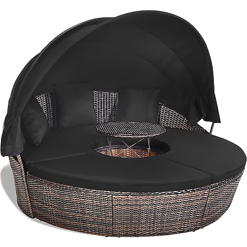 COSTWAY Rattan Sonneninsel mit faltbarem Sonnendach, Polyrattan Lounge Set inkl. Kissens & höhenverstellbarem Couchtisch, Outdoor Sonnenliege Gartenliege, für Garten Terrasse Veranda (Schwarz) von COSTWAY