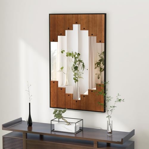 COSTWAY Rechteckiger Spiegel mit Holzrahmen, 66 x 95 cm, rustikaler Wandspiegel mit Zweirichtungshaken, Hängespiegel mit Metallrahmen, Kosmetikspiegel Wand, für Flur Wohnzimmer Schlafzimmer von COSTWAY