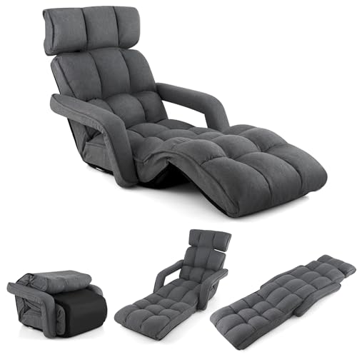 COSTWAY Relaxliege 5-Fach einstellbar, Bodensessel Klappbar, Relaxsessel mit Armlehne Rückenlehne, Bodenliege für Gaming & Schlafen & Lesen (Dunkelgrau) von COSTWAY