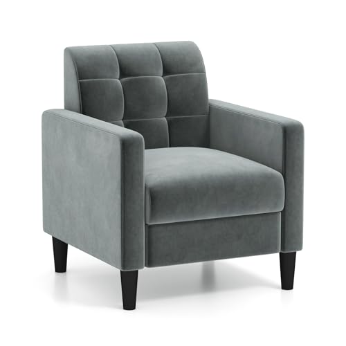 COSTWAY Relaxsessel modern, Fernsehsessel aus Samt im Mid-Century-Stil, gepolsterter Sessel mit getufteter Rückenlehne, Armlehnen & Holzbeine für Wohnzimmer Heimbüro Schlafzimmer (grau) von COSTWAY