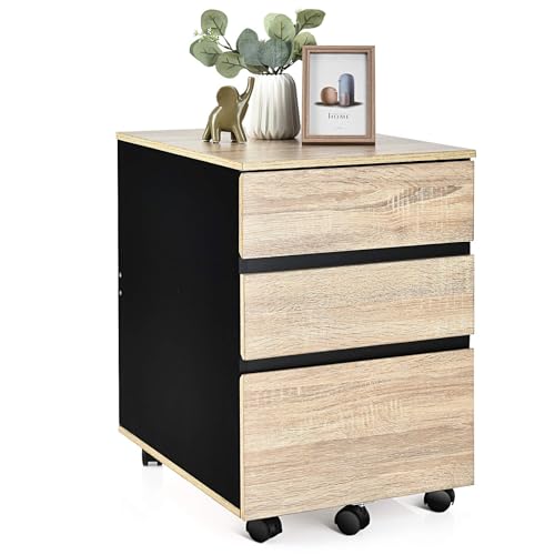 COSTWAY Rollcontainer mit 3 Schubladen, Aktenschrank aus Holz auf Rädern, Büroschrank mit Kippsicherung, Bürocontainer Rollwagen für Büro Wohnzimmer, 39 x 53 x 58cm, Natur von COSTWAY