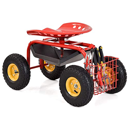 COSTWAY Rollsitz mit Rollen, 360 ° drehbar | höhenverstellbar, Gartensitz mit Ablage & Korb, bis 150 kg | breite Gummireifen, Gartenrollsitz für Gartenarbeit, Arbeitssitz Gartenwagen Metall (Rot) von COSTWAY