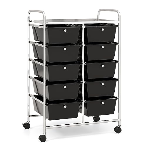 COSTWAY Rollwagen mit 10 stapelbaren Schubladen, Schubladenwagen Rollcontainer mit Metallgestell und Ablagefläche, Badrollwagen Aufbewahrungswagen für Büro, Wohnzimmer, 65,5 x 37 x 87 cm von COSTWAY