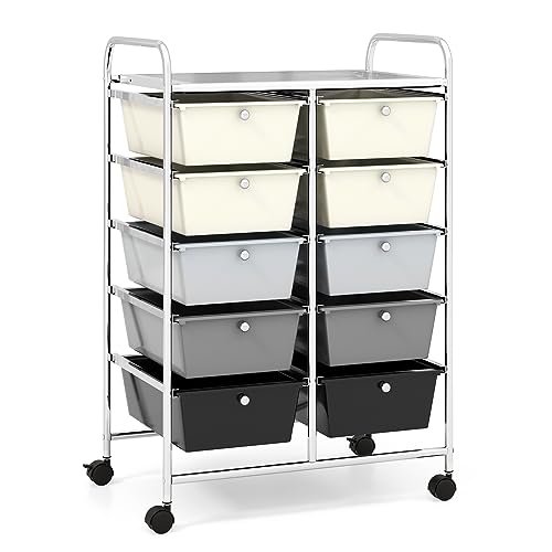 COSTWAY Rollwagen mit 10 stapelbaren Schubladen, Schubladenwagen Rollcontainer mit Metallgestell und Ablagefläche, Badrollwagen Aufbewahrungswagen für Büro, Wohnzimmer, 65,5 x 37 x 87 cm von COSTWAY