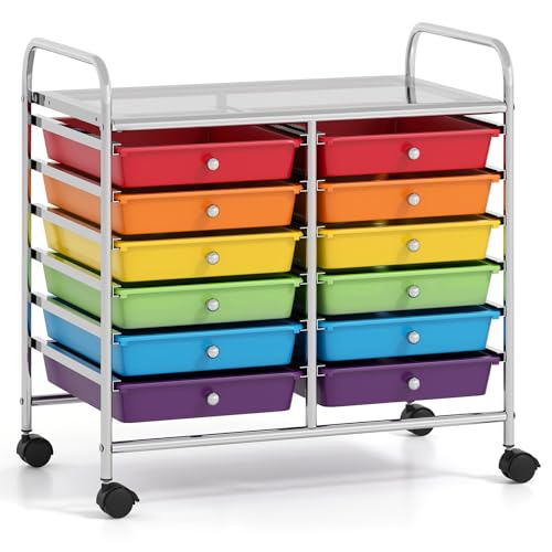 COSTWAY Rollwagen mit 12 stapelbaren Schubladen, Schubladenwagen Rollcontainer mit Metallgestell & Ablagefläche, Badrollwagen Aufbewahrungswagen für Büro, Wohnzimmer, 64 x 38 x 62 cm (Bunt) von COSTWAY