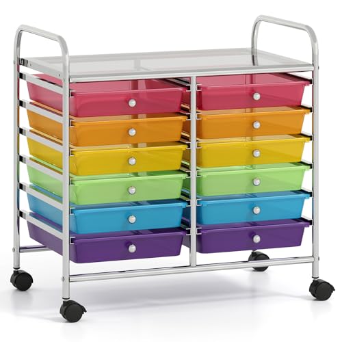 COSTWAY Rollwagen mit 12 stapelbaren Schubladen, Schubladenwagen Rollcontainer mit Metallgestell & Ablagefläche, Badrollwagen Aufbewahrungswagen für Büro, Wohnzimmer, 64 x 38 x 62 cm von COSTWAY