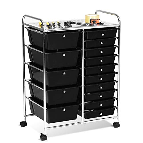 COSTWAY Rollwagen mit 15 stapelbaren Schubladen, Schubladenwagen Rollcontainer mit Metallgestell und Ablagefläche, Badrollwagen Aufbewahrungswagen für Büro, Wohnzimmer, 62,5 x 37 x 87 cm von COSTWAY