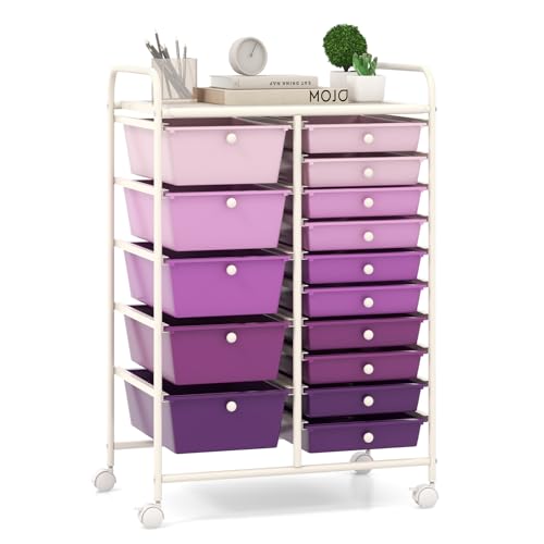 COSTWAY Rollwagen mit 15 stapelbaren Schubladen, Schubladenwagen Rollcontainer mit Metallgestell und Ablagefläche, Badrollwagen Aufbewahrungswagen für Büro, Wohnzimmer, 63 x 37 x 87 cm (Violett) von COSTWAY