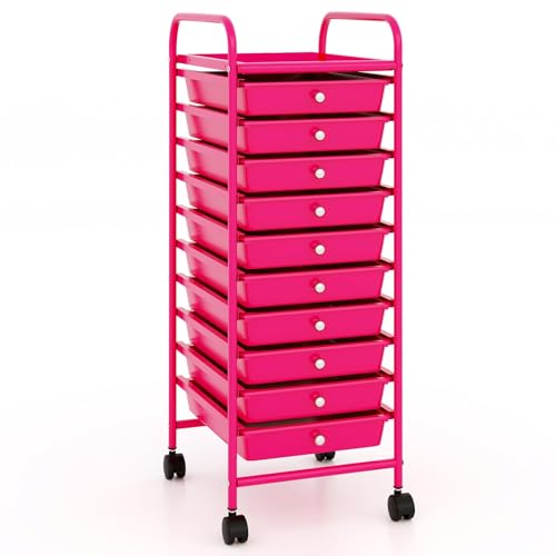 COSTWAY Rollwagen mit Schubladen Rollcontainer Badrollwagen Badtrolley Badregal Beistellwagen mit 10 stapelbaren Schubladen Metallgestell (Hot Pink) von COSTWAY