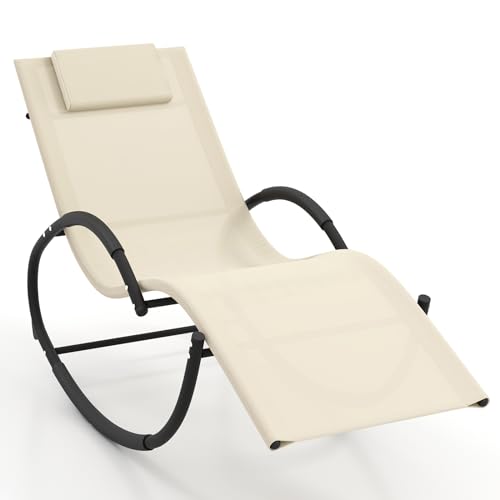 COSTWAY Schaukelliege mit Abnehmbarer Kopfstütze, Sonnenliege, Liegestuhl, ergonomische Schwingliege, Gartenliege bis 160 kg belastbar, Relaxliege für Garten, Terrasse (Beige) von COSTWAY