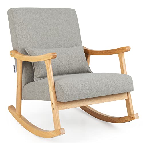 COSTWAY Schaukelstuhl aus Holz, Sessel Wohnzimmer, Gepolsterter Loungesessel mit Armlehnen, Rückenlehne & Sitzkissen, Schaukelsessel modern, für Wohnzimmer Schlafzimmer, 78 x 66 x 83 cm (Grau) von COSTWAY