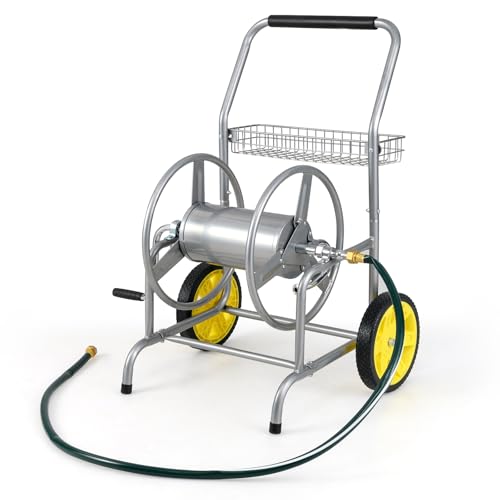 COSTWAY Schlauchwagen Metall, 70 m für 20 mm Schlauch, Gartenschlauchwagen mit 2 Gummirädern, Korb & Kurbel, Schlauchtrommel fahrbar, Schlauchabroller für Garten Balkon, 76 x 55 x 92 cm (Silber) von COSTWAY