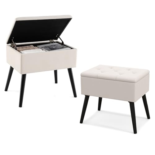 COSTWAY Schminkhocker mit Stauraum, Polsterhocker mit Massivholzbeinen & aufklappbarem gepolstertem Sitz, rechteckiger Sitzhocker Fußhocker für Schminkraum, Schlafzimmer (Beige) von COSTWAY