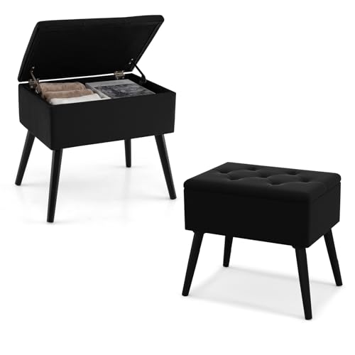 COSTWAY Schminkhocker mit Stauraum, Polsterhocker mit Massivholzbeinen & aufklappbarem gepolstertem Sitz, rechteckiger Sitzhocker Fußhocker für Schminkraum, Schlafzimmer (Schwarz) von COSTWAY
