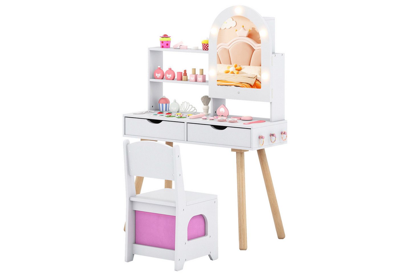 COSTWAY Schminktisch, Kinderschminktisch-Set mit Spiegel mit 3-Farbbeleuchtung von COSTWAY