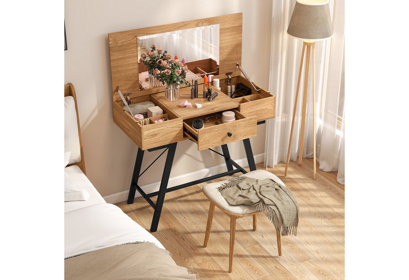 COSTWAY Schminktisch, Kosmetiktisch, Schreibtisch, mit Spiegel, Ladestation, Klappdeckel von COSTWAY