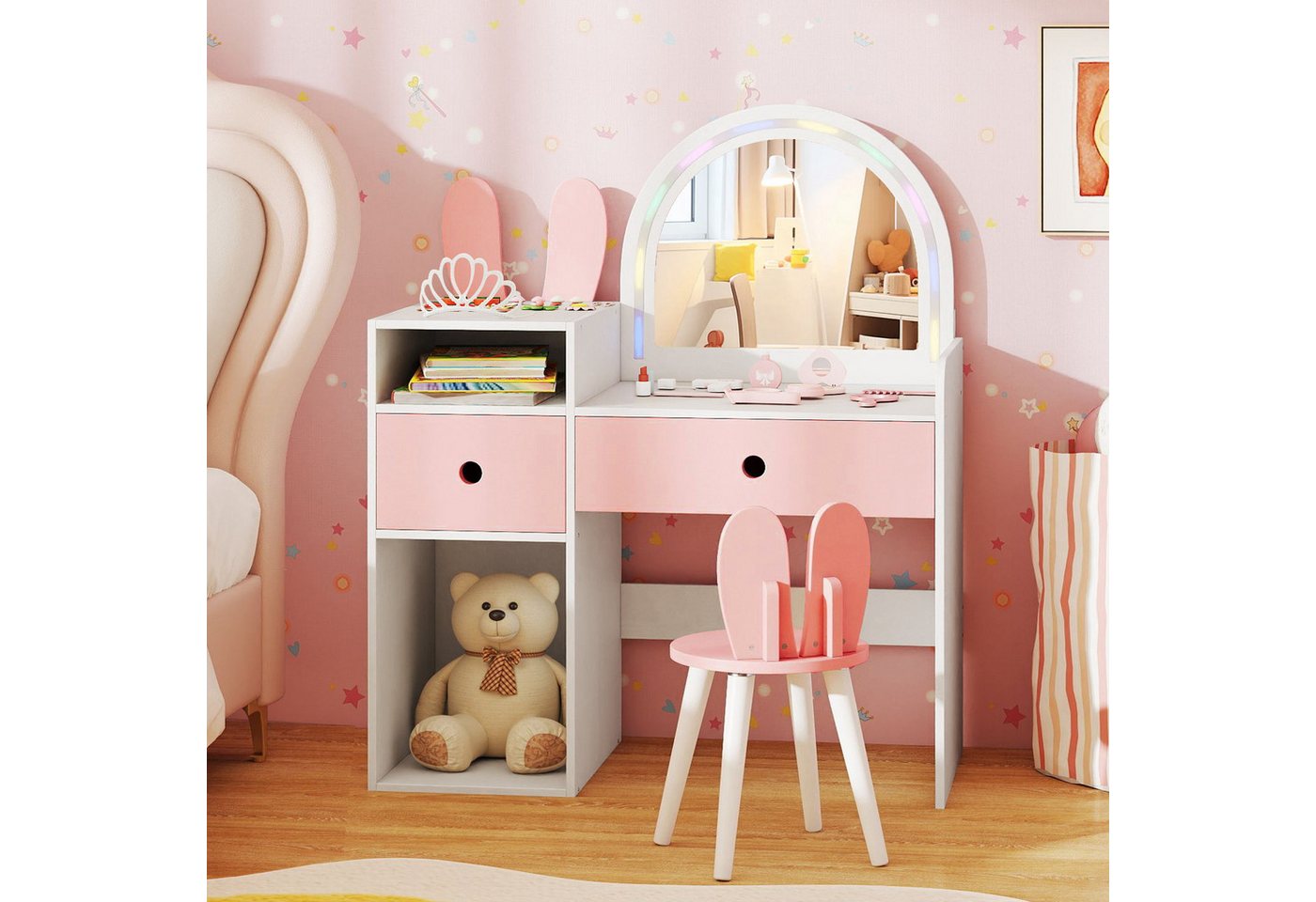 COSTWAY Schminktisch (2-St), Kosmetiktisch Stuhlset Kinder mit Spiegel von COSTWAY