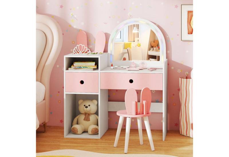COSTWAY Schminktisch (2-St), Kosmetiktisch Stuhlset Kinder mit Spiegel von COSTWAY