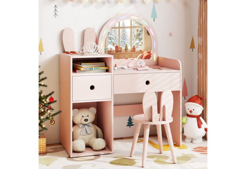 COSTWAY Schminktisch (2-St), Kosmetiktisch Stuhlset Kinder mit Spiegel von COSTWAY