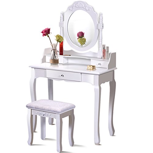 COSTWAY Schminktisch Set, Kosmetiktisch mit 360° drehbarem Oval Spiegel & 3 Schubladen, Frisiertisch aus Holz, Spiegeltisch mit gepolstertem Hocker für Schlafzimmer Wohnzimmer Garderobe, weiß (Weiß) von COSTWAY