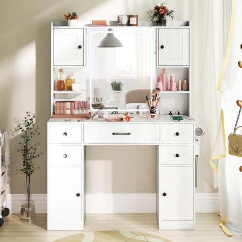 COSTWAY Schminktisch mit LED-Beleuchtung, 3 Farben mit Einstellbarer Helligkeit, Frisiertisch mit Ladestation, offene Ablageflächen, Schubladen und Schränken, Kosmetiktisch mit Spiegel, weiß COSTWAY Schminktisch mit LED-Beleuchtung, 3 Farben mit Einstellbarer Helligkeit, Frisiertisch mit Ladestation, offene Ablageflächen, Schubladen und Schränken, Kosmetiktisch mit Spiegel, weiß von COSTWAY