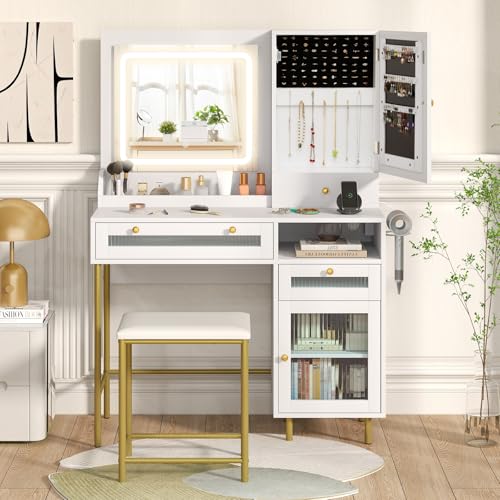 COSTWAY Schminktisch mit LED-Beleuchtung, Frisiertisch mit Ladestation, Schmuckschrank, Hocker, Spiegel, 3 Schubladen, Schrank & Haartrocknerhalterung, Kosmetiktisch, weiß COSTWAY Schminktisch mit LED-Beleuchtung, Frisiertisch mit Ladestation, Schmuckschrank, Hocker, Spiegel, 3 Schubladen, Schrank & Haartrocknerhalterung, Kosmetiktisch, weiß von COSTWAY