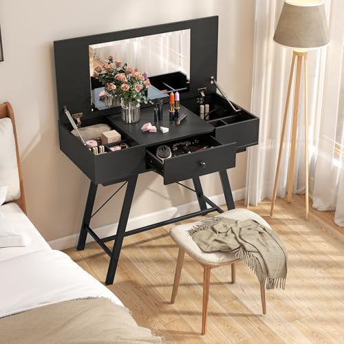 COSTWAY Schminktisch mit großem Spiegel, Ladestation, 6 Aufbewahrungsfächern, Klappdeckel und Schublade, Kosmetiktisch rustikal, Schreibtisch für Schlafzimmer, Ankleidezimmer (Schwarz) von COSTWAY