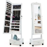 COSTWAY Schmuckschrank mit LED Beleuchtung, Spiegelschrank mit Ganzkörperspiegel & Schubladen, Schmuck Organizer mobil, abschließbar (Weiß) von COSTWAY