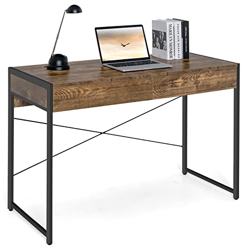 COSTWAY Schreibtisch, Computertisch mit 2 Schubladen, Kleiner Bürotisch, Metall, Industrie-Design, PC Tisch für Arbeitszimmer, Homeoffice, Büro, 112 x 48 x 76 cm (Rustikales Braun) von COSTWAY