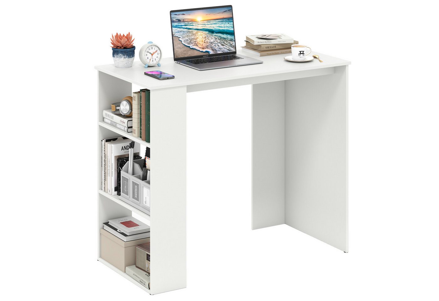 COSTWAY Schreibtisch, Mit Bücherregal, modernen kleinen Computertisch, weiß von COSTWAY