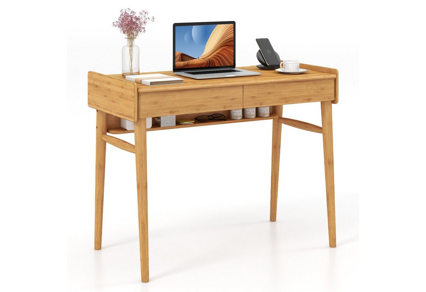 COSTWAY Schreibtisch, mit 2 Schubladen & Regal, Natur, aus Bambus 100x50x78cm von COSTWAY