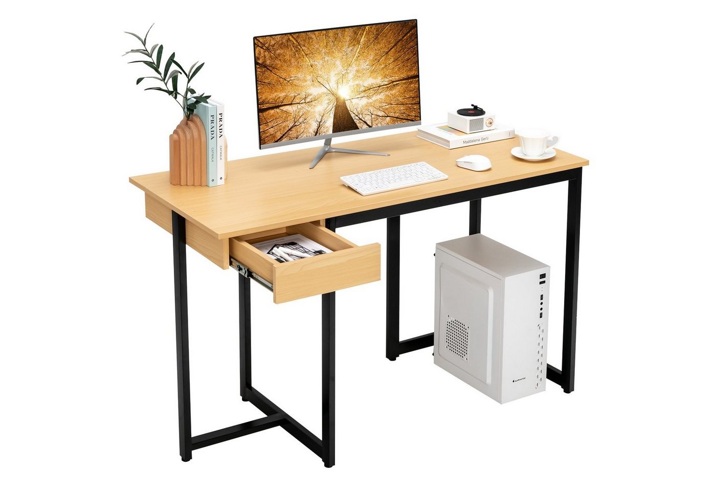 COSTWAY Schreibtisch, mit Schublade, Metallgestell, Holz, 120x55x75cm von COSTWAY