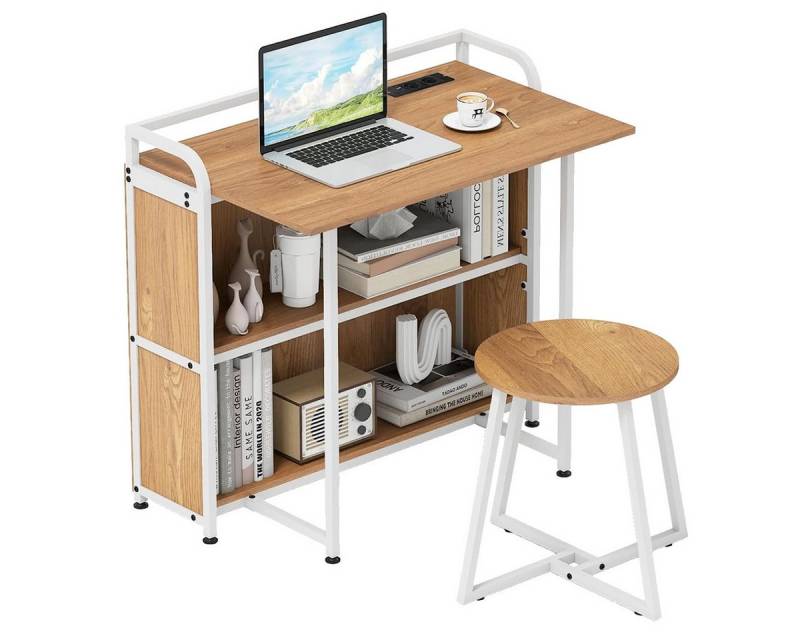 COSTWAY Schreibtisch (mit Hocker), mit Steckdose, Klapptisch Beistelltisch Metall von COSTWAY